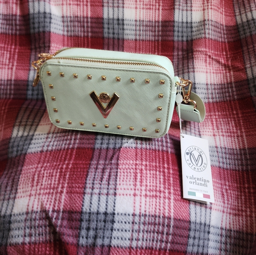 Valentino Orlandi Camera Mint Green Crossbody Bag with Gold Accents